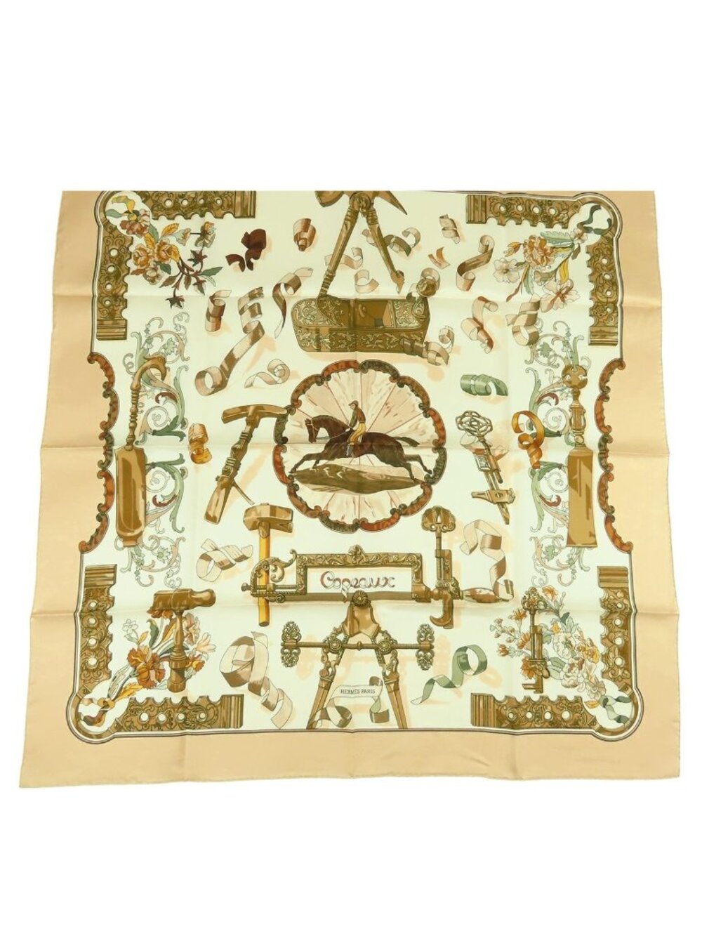 Hermes Carre 90 Beige Multicolor Silk Copeaux Sawdust Horse Print Scarf